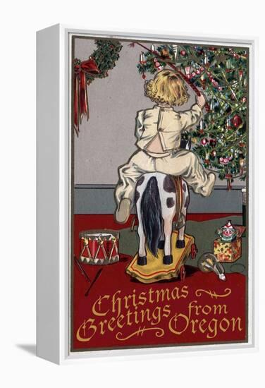 Christmas Greetings from Oregon - Girl on Horse-Lantern Press-Framed Stretched Canvas