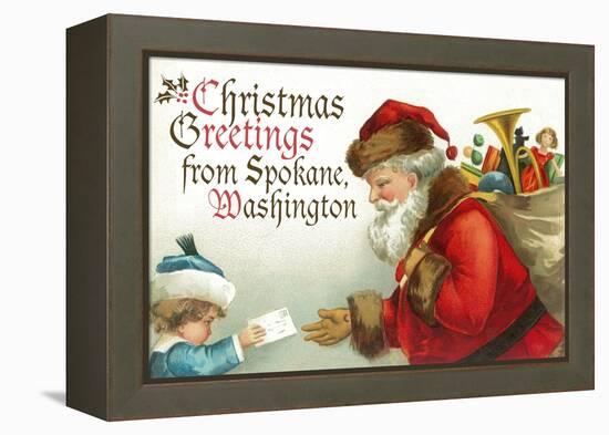 Christmas Greetings from Spokane, Washington - Santa Getting Letter-Lantern Press-Framed Stretched Canvas