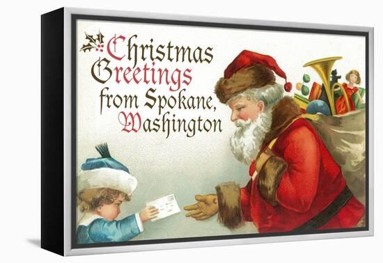 Christmas Greetings from Spokane, Washington - Santa Getting Letter-Lantern Press-Framed Stretched Canvas