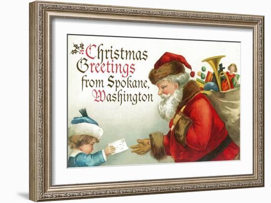 Christmas Greetings from Spokane, Washington - Santa Getting Letter-Lantern Press-Framed Art Print