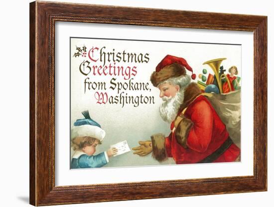 Christmas Greetings from Spokane, Washington - Santa Getting Letter-Lantern Press-Framed Art Print