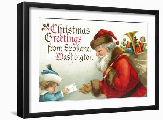 Christmas Greetings from Spokane, Washington - Santa Getting Letter-Lantern Press-Framed Art Print