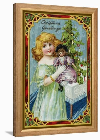 Christmas Greetings Postcard with a Girl and Doll-null-Framed Premier Image Canvas