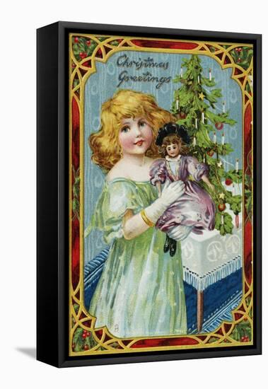 Christmas Greetings Postcard with a Girl and Doll-null-Framed Premier Image Canvas