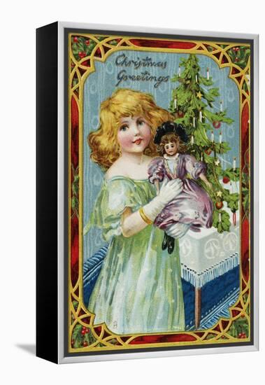 Christmas Greetings Postcard with a Girl and Doll-null-Framed Premier Image Canvas