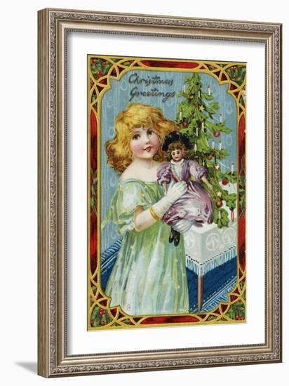 Christmas Greetings Postcard with a Girl and Doll-null-Framed Giclee Print