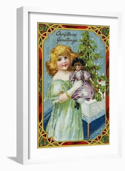 Christmas Greetings Postcard with a Girl and Doll-null-Framed Giclee Print