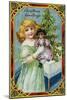 Christmas Greetings Postcard with a Girl and Doll-null-Mounted Giclee Print
