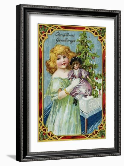 Christmas Greetings Postcard with a Girl and Doll-null-Framed Giclee Print