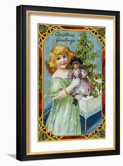 Christmas Greetings Postcard with a Girl and Doll-null-Framed Giclee Print