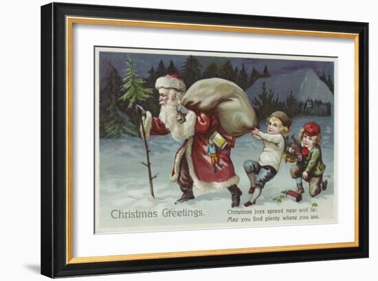 Christmas Greetings Postcard with Santa Claus and Two Children-null-Framed Giclee Print