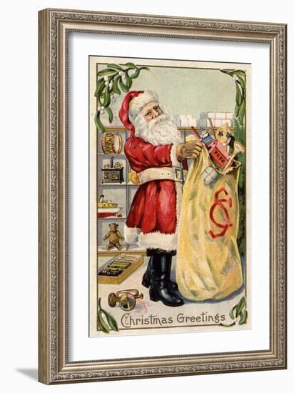 Christmas Greetings - Santa Holding an Overflowing Bag of Toys-Lantern Press-Framed Art Print