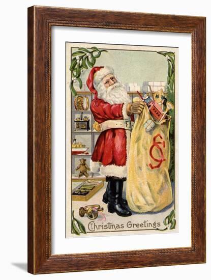 Christmas Greetings - Santa Holding an Overflowing Bag of Toys-Lantern Press-Framed Art Print