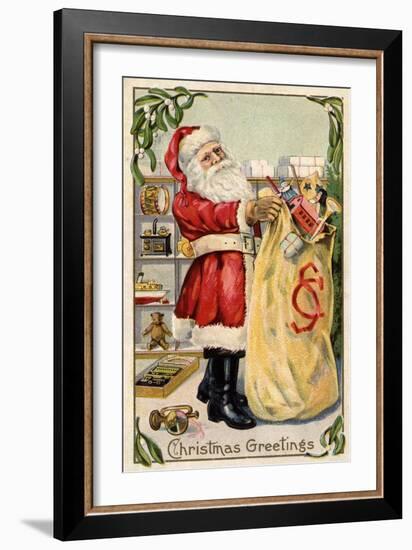 Christmas Greetings - Santa Holding an Overflowing Bag of Toys-Lantern Press-Framed Art Print