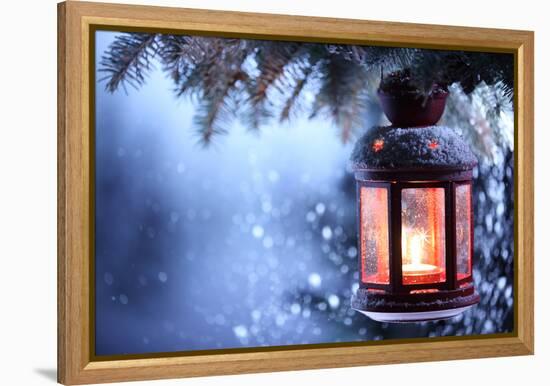 Christmas Lantern With Snowfall,Closeup-Liang Zhang-Framed Stretched Canvas