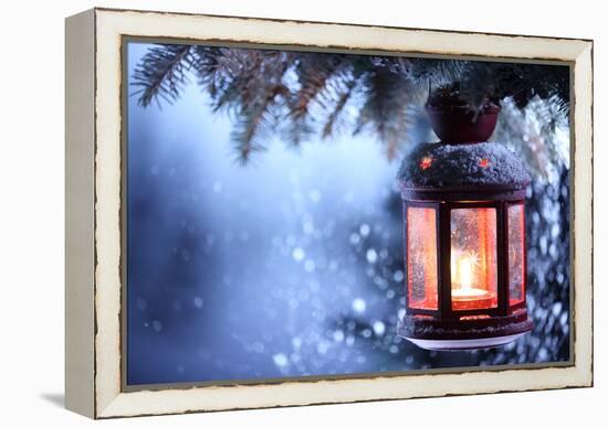 Christmas Lantern With Snowfall,Closeup-Liang Zhang-Framed Stretched Canvas