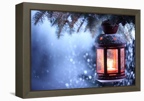 Christmas Lantern With Snowfall,Closeup-Liang Zhang-Framed Stretched Canvas