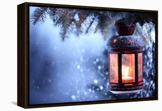 Christmas Lantern With Snowfall,Closeup-Liang Zhang-Framed Stretched Canvas