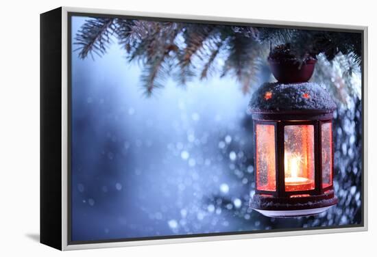 Christmas Lantern With Snowfall,Closeup-Liang Zhang-Framed Stretched Canvas