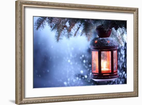 Christmas Lantern With Snowfall,Closeup-Liang Zhang-Framed Art Print