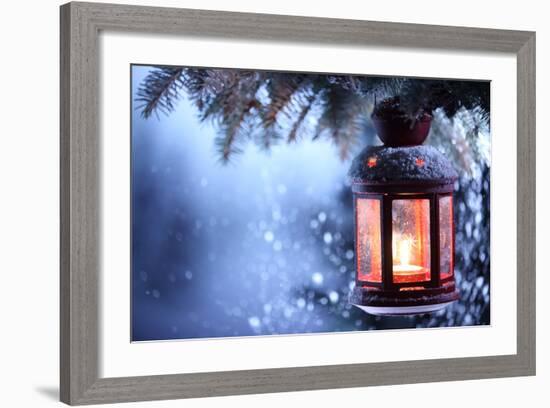 Christmas Lantern With Snowfall,Closeup-Liang Zhang-Framed Art Print