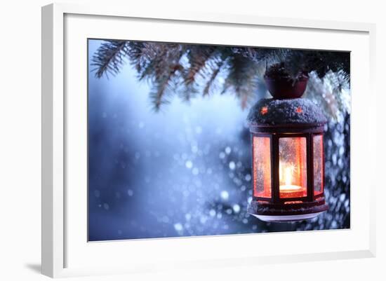 Christmas Lantern With Snowfall,Closeup-Liang Zhang-Framed Art Print