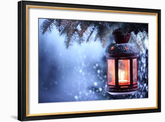 Christmas Lantern With Snowfall,Closeup-Liang Zhang-Framed Art Print