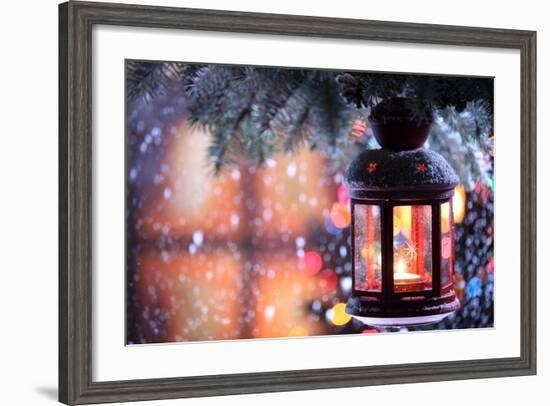 Christmas Lantern With Snowfall,Closeup-Sofiaworld-Framed Art Print