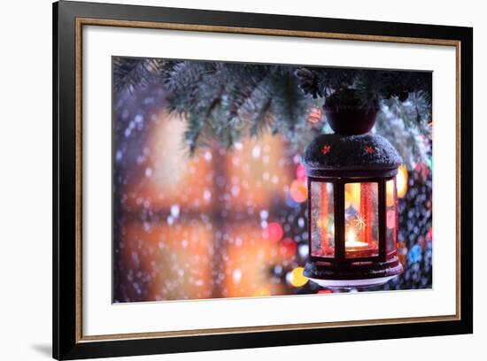 Christmas Lantern With Snowfall,Closeup-Sofiaworld-Framed Art Print