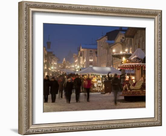 Christmas Market Stalls and People at Marktstrasse at Twilight, Bad Tolz Spa Town, Bavaria, Germany-Richard Nebesky-Framed Photographic Print