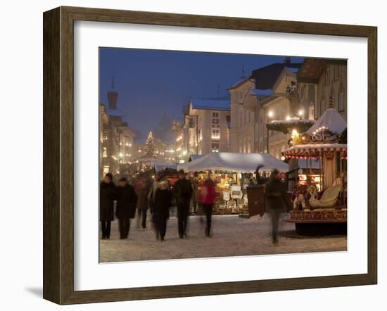 Christmas Market Stalls and People at Marktstrasse at Twilight, Bad Tolz Spa Town, Bavaria, Germany-Richard Nebesky-Framed Photographic Print