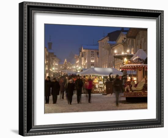 Christmas Market Stalls and People at Marktstrasse at Twilight, Bad Tolz Spa Town, Bavaria, Germany-Richard Nebesky-Framed Photographic Print