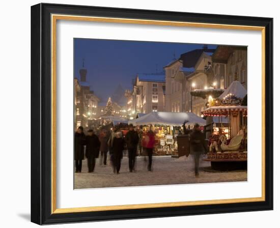 Christmas Market Stalls and People at Marktstrasse at Twilight, Bad Tolz Spa Town, Bavaria, Germany-Richard Nebesky-Framed Photographic Print