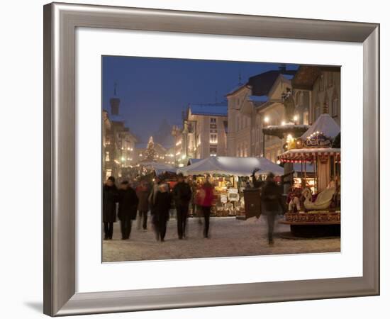 Christmas Market Stalls and People at Marktstrasse at Twilight, Bad Tolz Spa Town, Bavaria, Germany-Richard Nebesky-Framed Photographic Print