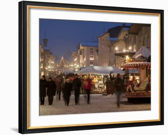 Christmas Market Stalls and People at Marktstrasse at Twilight, Bad Tolz Spa Town, Bavaria, Germany-Richard Nebesky-Framed Photographic Print