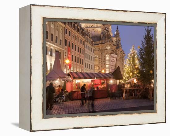 Christmas Market Stalls in Front of Frauen Church and Christmas Tree at Twilight, Dresden-Richard Nebesky-Framed Premier Image Canvas