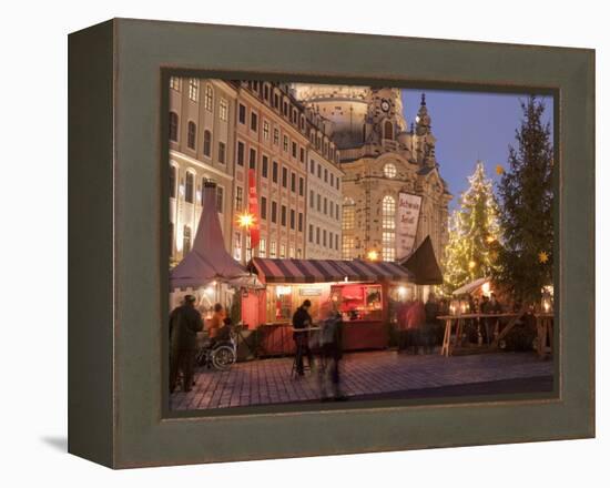 Christmas Market Stalls in Front of Frauen Church and Christmas Tree at Twilight, Dresden-Richard Nebesky-Framed Premier Image Canvas