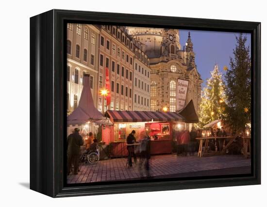 Christmas Market Stalls in Front of Frauen Church and Christmas Tree at Twilight, Dresden-Richard Nebesky-Framed Premier Image Canvas