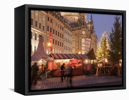 Christmas Market Stalls in Front of Frauen Church and Christmas Tree at Twilight, Dresden-Richard Nebesky-Framed Premier Image Canvas
