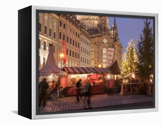 Christmas Market Stalls in Front of Frauen Church and Christmas Tree at Twilight, Dresden-Richard Nebesky-Framed Premier Image Canvas