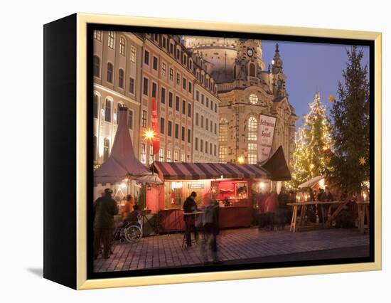 Christmas Market Stalls in Front of Frauen Church and Christmas Tree at Twilight, Dresden-Richard Nebesky-Framed Premier Image Canvas