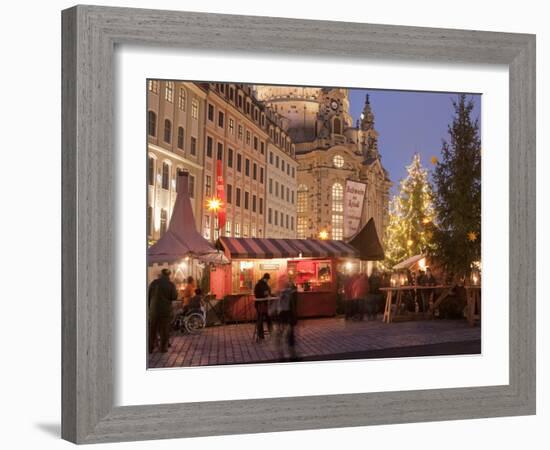 Christmas Market Stalls in Front of Frauen Church and Christmas Tree at Twilight, Dresden-Richard Nebesky-Framed Photographic Print