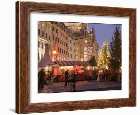 Christmas Market Stalls in Front of Frauen Church and Christmas Tree at Twilight, Dresden-Richard Nebesky-Framed Photographic Print