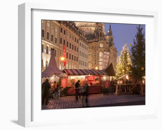 Christmas Market Stalls in Front of Frauen Church and Christmas Tree at Twilight, Dresden-Richard Nebesky-Framed Photographic Print