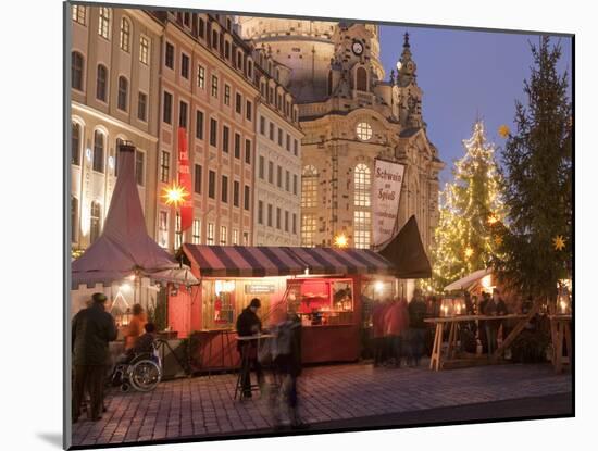 Christmas Market Stalls in Front of Frauen Church and Christmas Tree at Twilight, Dresden-Richard Nebesky-Mounted Photographic Print