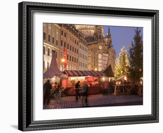 Christmas Market Stalls in Front of Frauen Church and Christmas Tree at Twilight, Dresden-Richard Nebesky-Framed Photographic Print