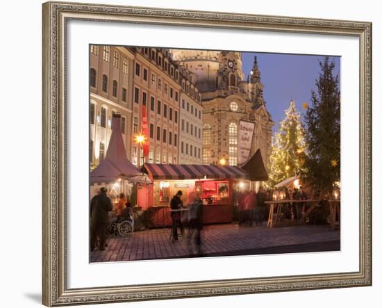 Christmas Market Stalls in Front of Frauen Church and Christmas Tree at Twilight, Dresden-Richard Nebesky-Framed Photographic Print