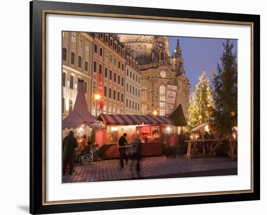 Christmas Market Stalls in Front of Frauen Church and Christmas Tree at Twilight, Dresden-Richard Nebesky-Framed Photographic Print