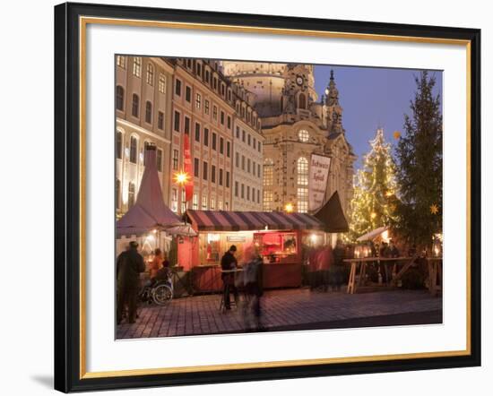 Christmas Market Stalls in Front of Frauen Church and Christmas Tree at Twilight, Dresden-Richard Nebesky-Framed Photographic Print