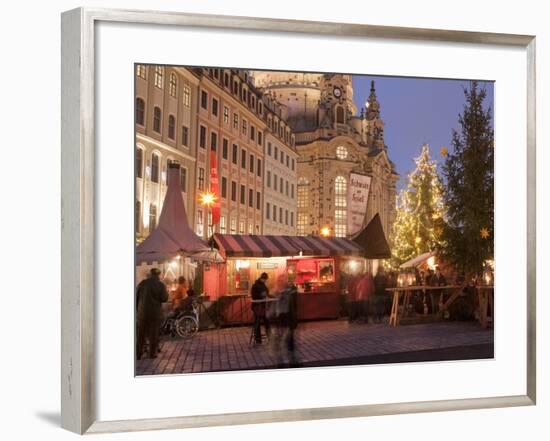 Christmas Market Stalls in Front of Frauen Church and Christmas Tree at Twilight, Dresden-Richard Nebesky-Framed Photographic Print